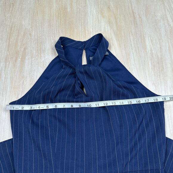Julia Jordan Navy Pinstripe Twist Halter Business Casual Wide Leg Jumpsuit 12 - Picture 5 of 16